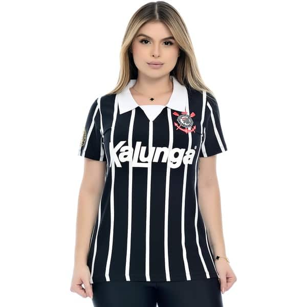 Camisa Corinthians Feminina Retrô 1990 Kalunga, Polo Listrada, Fio Tinto, Tamanho M, 31500, Corinthians - PT 1 UN