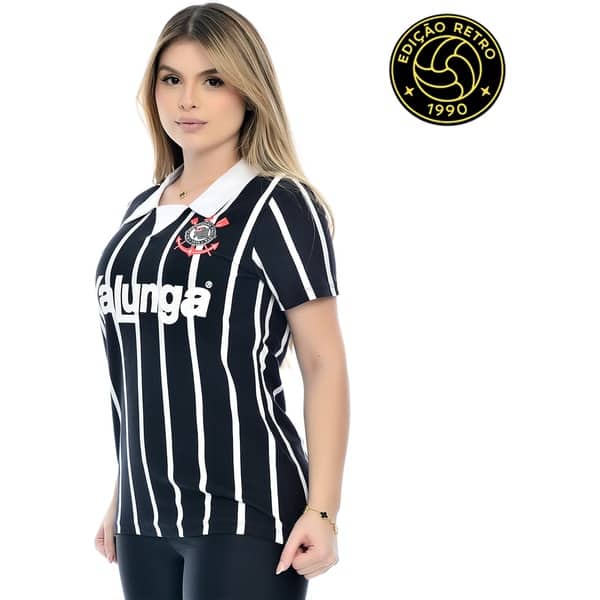 Camisa Corinthians Feminina Retrô 1990 Kalunga, Polo Listrada, Fio Tinto, Tamanho M, 31500, Corinthians - PT 1 UN