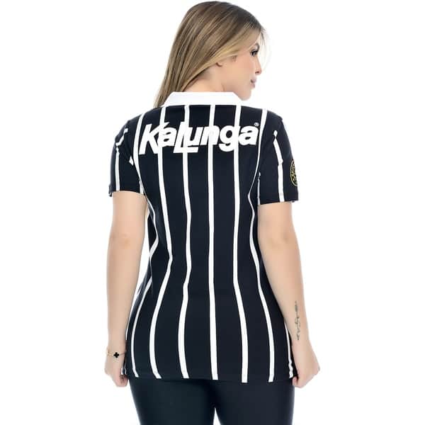 Camisa Corinthians Feminina Retrô 1990 Kalunga, Polo Listrada, Fio Tinto, Tamanho G, 31500, Corinthians - PT 1 UN