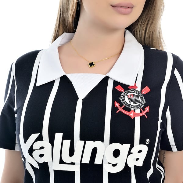 Camisa Corinthians Feminina Retrô 1990 Kalunga, Polo Listrada, Fio Tinto, Tamanho G, 31500, Corinthians - PT 1 UN