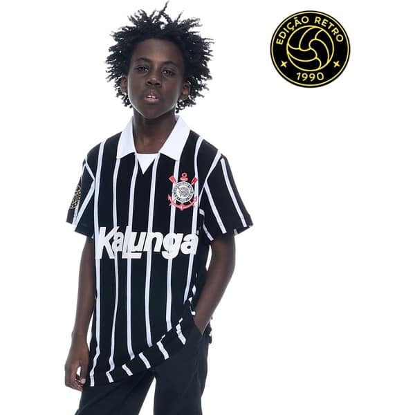 Camisa Corinthians Infantil Retrô 1990 Kalunga, Polo Listrada, Fio Tinto, Tamanho 4, 33304, Corinthians - PT 1 UN Camisa Corinthians Infantil Retrô 1990 Kalunga, Polo Listrada, Fio Tinto, Tamanho 4, 33304, Corinthians - PT 1 UN