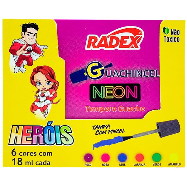 Tinta guache em pincel 6 cores neon 18ml 7031 Radex CX 6 UN