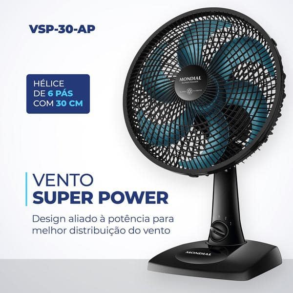 Ventilador de mesa, 6 pás, 30cm, 60w, 127v, Preto, VSP-30-AP, Mondial - CX 1 UN