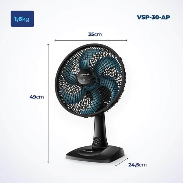 Ventilador de mesa, 6 pás, 30cm, 60w, 127v, Preto, VSP-30-AP, Mondial - CX 1 UN