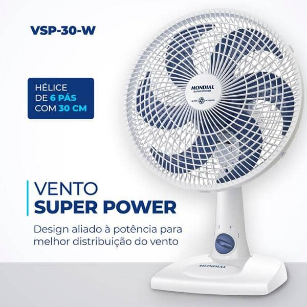 Ventilador de mesa turbo, 6 pás, 30cm, 60w, 220v, Branco, VSP-30-W, Mondial - CX 1 UN