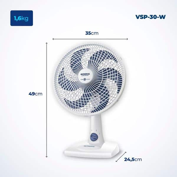 Ventilador de mesa turbo, 6 pás, 30cm, 60w, 220v, Branco, VSP-30-W, Mondial - CX 1 UN