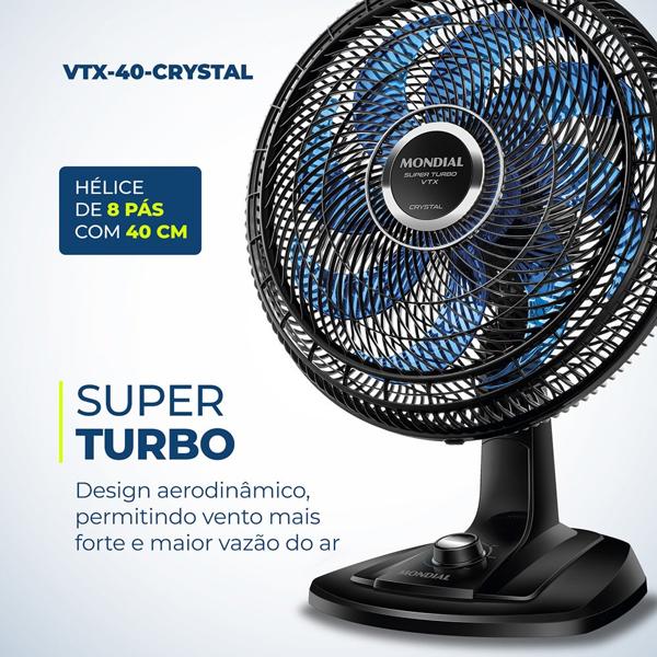 Ventilador de mesa turbo, 8 pás, 140w, 127v, Preto, VTX 40 CRYSTAL, Mondial - CX 1 UN