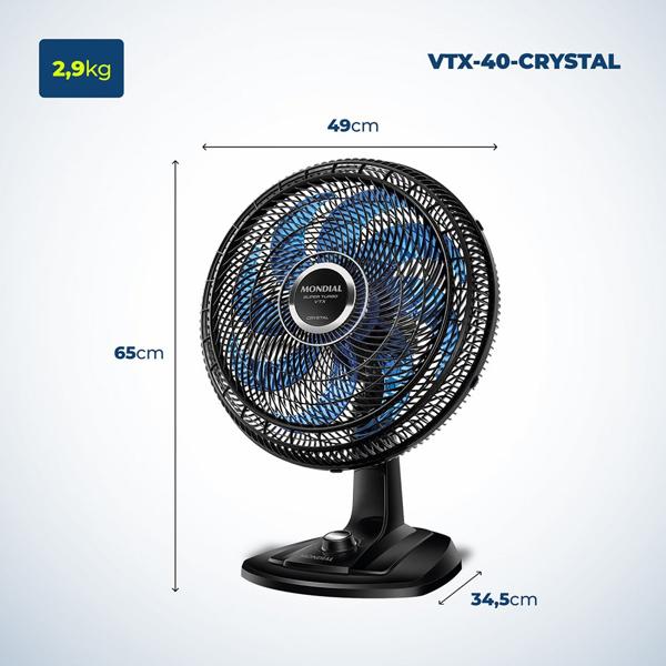 Ventilador de mesa turbo, 8 pás, 140w, 127v, Preto, VTX 40 CRYSTAL, Mondial - CX 1 UN