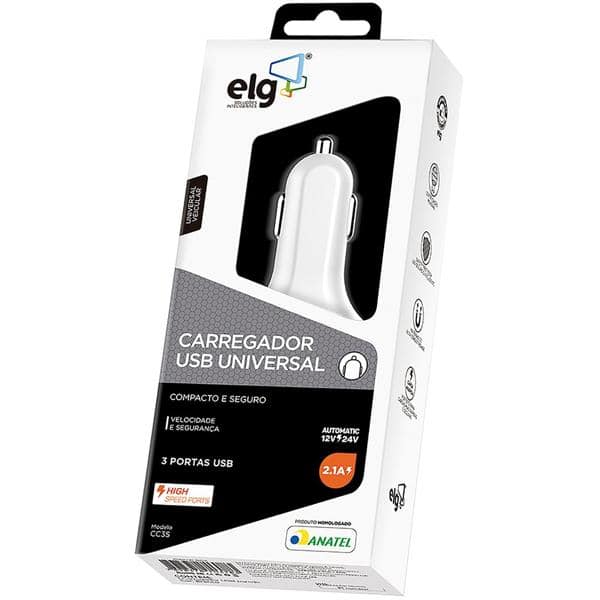 Carregador veicular universal, 3 saídas USB 2.1A, CC3S, ELG - BT 1 UN