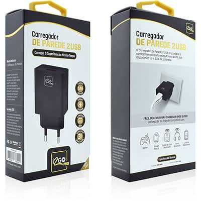 Carregador de tomada c/2 portas USB bivolt preto PROWAL020 I2Go BT 1 UN