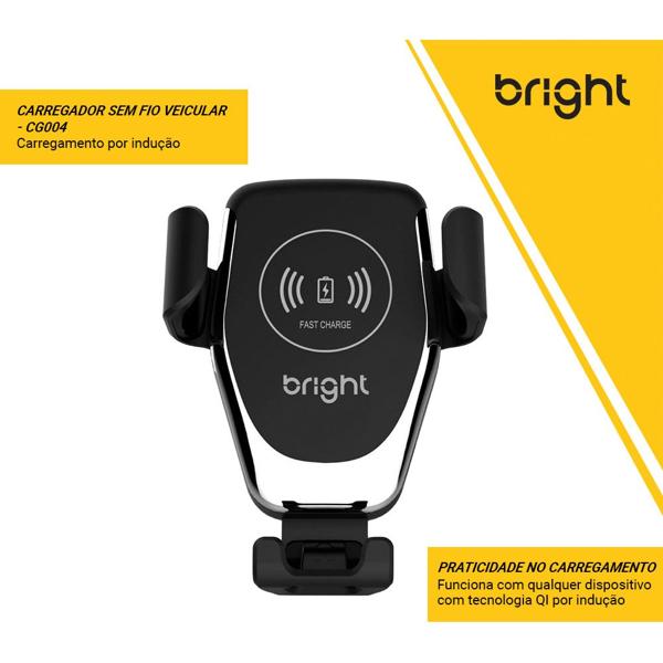 Carregador veicular por indução e suporte para celular, Preto, CG004, Bright - CX 1 UN