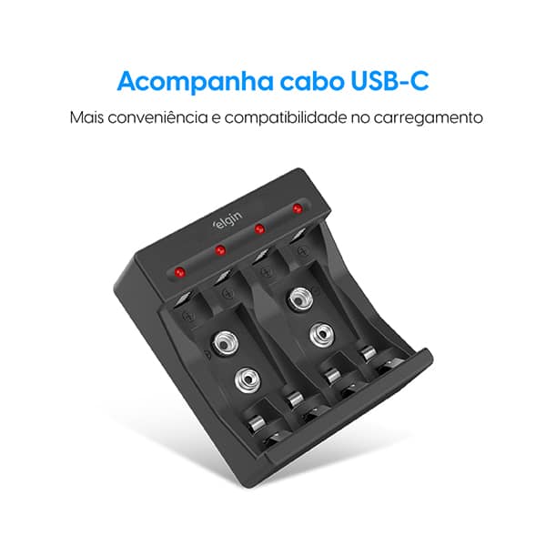 Carregador para pilha recarregável, compatível com pilhas  AA/AAA, 46RSCUSB00NP, Elgin - BT 1 UN