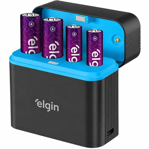Carregador de Pilhas Tipo C - Compatível com AA Normal e AAA Palito Recarregáveis - Inclui 2 pilhas AA 1.500mAh e 2 pilhas AAA 700mAh - Elgin - BT 1 UN Carregador de Pilhas Tipo C - Compatível com AA Normal e AAA Palito Recarregáveis - Inclui 2 pilhas AA 1.500mAh e 2 pilhas AAA 700mAh - Elgin - BT 1 UN