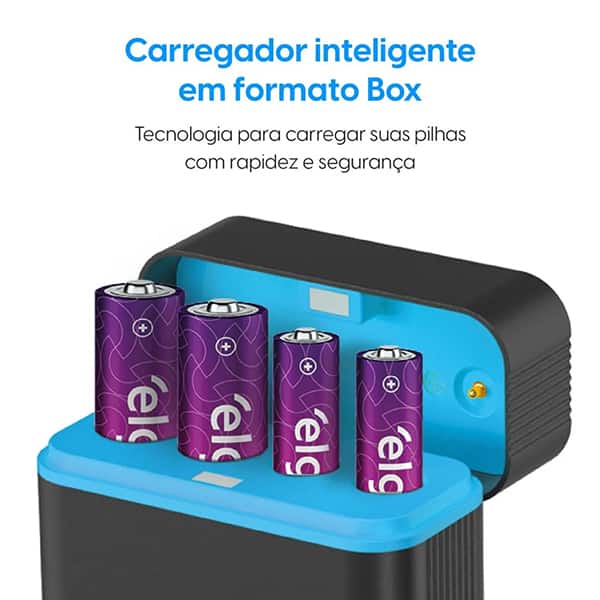 Carregador de Pilhas Tipo C - Compatível com AA Normal e AAA Palito Recarregáveis - Inclui 2 pilhas AA 1.500mAh e 2 pilhas AAA 700mAh - Elgin - BT 1 UN Carregador de Pilhas Tipo C - Compatível com AA Normal e AAA Palito Recarregáveis - Inclui 2 pilhas AA 1.500mAh e 2 pilhas AAA 700mAh - Elgin - BT 1 UN