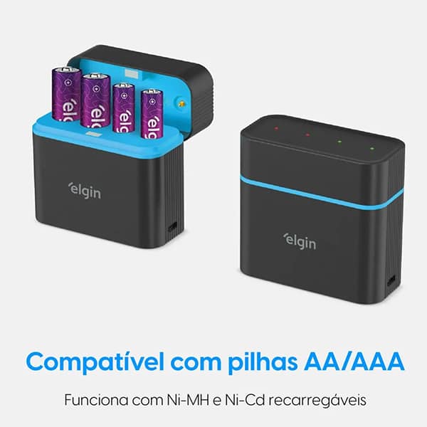 Carregador de Pilhas Tipo C - Compatível com AA Normal e AAA Palito Recarregáveis - Inclui 2 pilhas AA 1.500mAh e 2 pilhas AAA 700mAh - Elgin - BT 1 UN Carregador de Pilhas Tipo C - Compatível com AA Normal e AAA Palito Recarregáveis - Inclui 2 pilhas AA 1.500mAh e 2 pilhas AAA 700mAh - Elgin - BT 1 UN