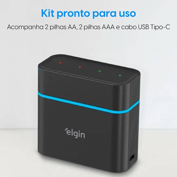 Carregador de Pilhas Tipo C - Compatível com AA Normal e AAA Palito Recarregáveis - Inclui 2 pilhas AA 1.500mAh e 2 pilhas AAA 700mAh - Elgin - BT 1 UN Carregador de Pilhas Tipo C - Compatível com AA Normal e AAA Palito Recarregáveis - Inclui 2 pilhas AA 1.500mAh e 2 pilhas AAA 700mAh - Elgin - BT 1 UN