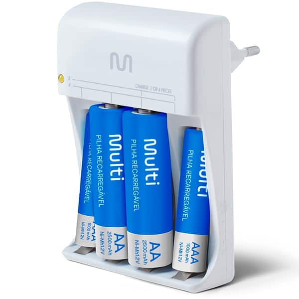 Carregador p/pilha recarreg. AA/AAA c/4 pilhas CB045 Multilaser BT 1 UN Carregador p/pilha recarreg. AA/AAA c/4 pilhas CB045 Multilaser BT 1 UN