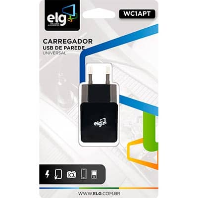 Carregador de tomada c/1 saída USB bivolt preto WC1APT Elg CX 1 UN