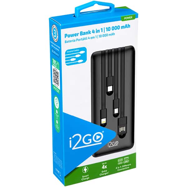 Carregador portátil 4 em 1 para smartphone, 10000mAh, Preto, I2GBAT014, I2Go - CX 1 UN