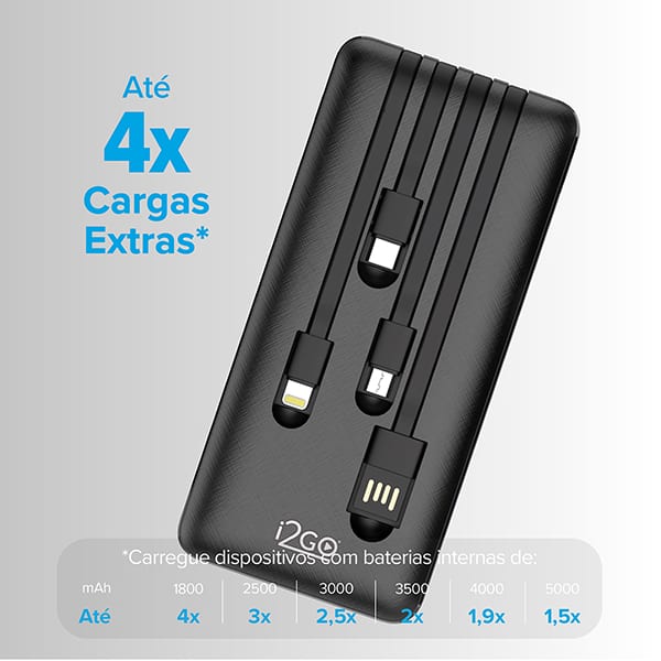 Carregador portátil 4 em 1 para smartphone, 10000mAh, Preto, I2GBAT014, I2Go - CX 1 UN