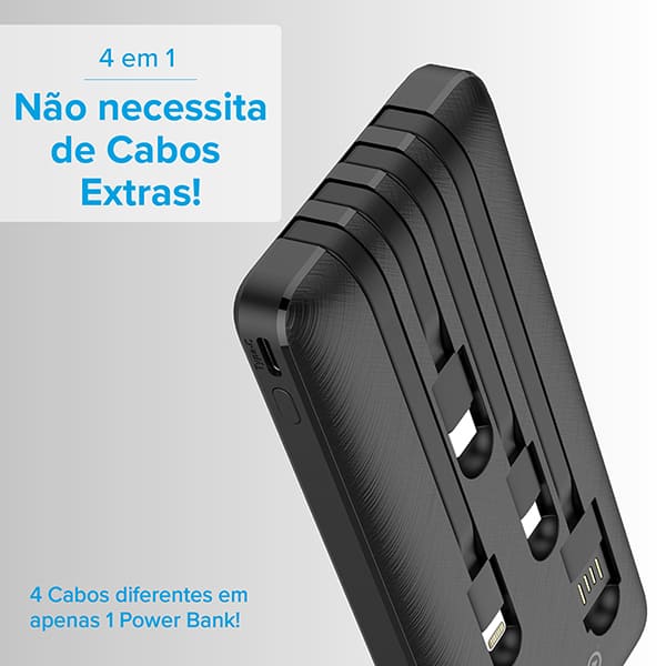 Carregador portátil 4 em 1 para smartphone, 10000mAh, Preto, I2GBAT014, I2Go - CX 1 UN