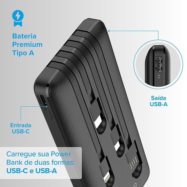 Carregador portátil 4 em 1 para smartphone, 10000mAh, Preto, I2GBAT014, I2Go - CX 1 UN