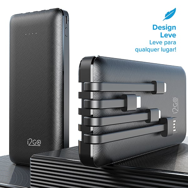 Carregador portátil 4 em 1 para smartphone, 10000mAh, Preto, I2GBAT014, I2Go - CX 1 UN