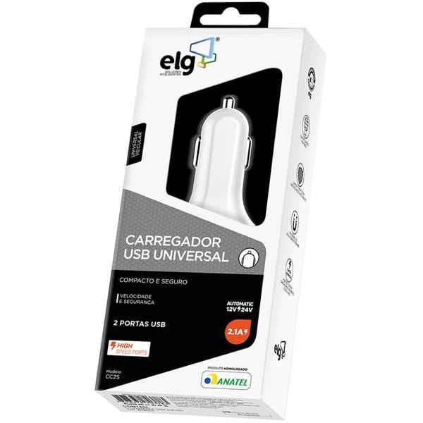 Carregador veicular universal, 2 saídas USB, Branco, CC2S, ELG - BT 1 UN