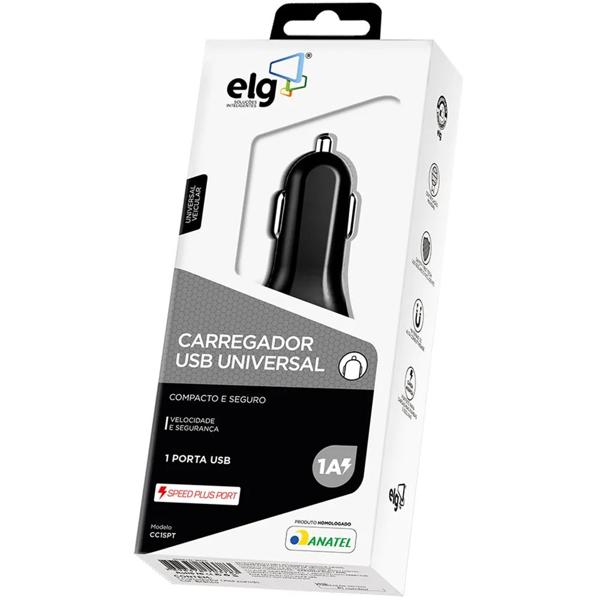 Carregador veicular universal, 1 saída USB 1A, Preto, CC1SPT, ELG - BT 1 UN