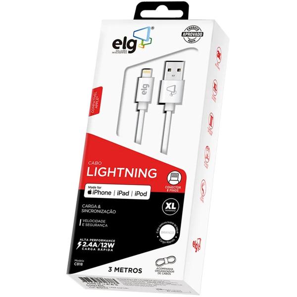 Cabo lightning recarga e sincronização, certificado Apple, 3 metros Branco, C830, ELG - BT 1 UN