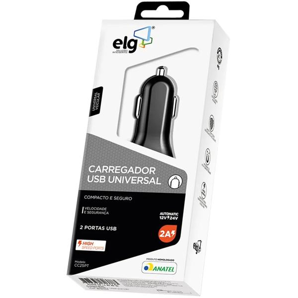 Carregador veicular universal 2 saídas USB, CC2SPT, ELG - BT 1 UN