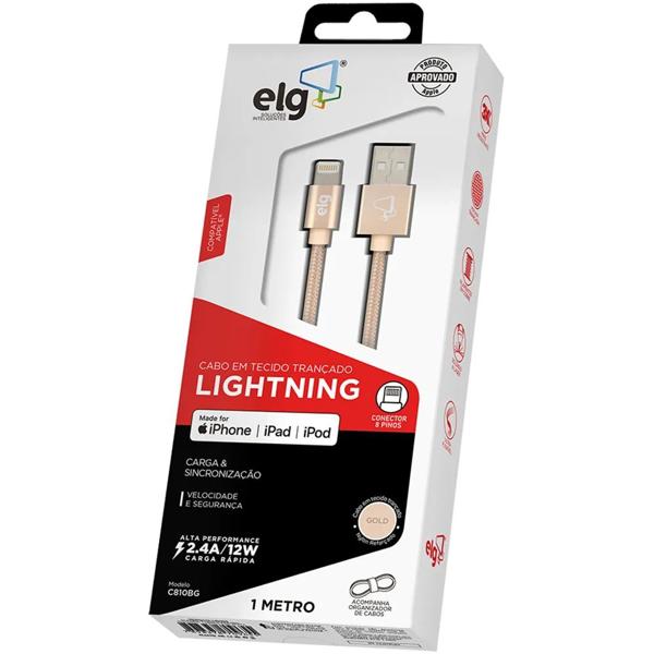 Cabo lightning em tecido trançado nylon reforçado, certificado Apple, 1 metro Dourado, C810BG, ELG - BT 1 UN