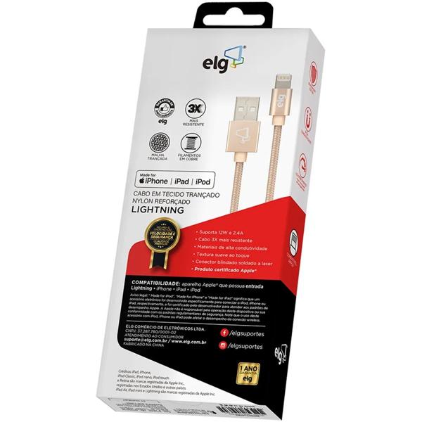 Cabo lightning em tecido trançado nylon reforçado, certificado Apple, 1 metro Dourado, C810BG, ELG - BT 1 UN