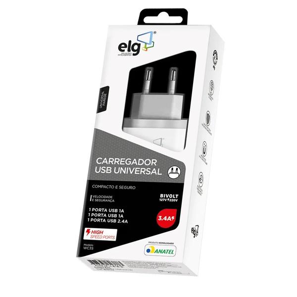 Carregador de tomada c/ 3 saídas USB bivolt Branco WC3S Elg BT 1 UN