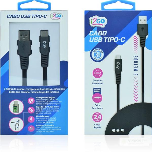 Cabo USB para Tipo-C, 3m, Preto, CBL008, I2Go - BT 1 UN