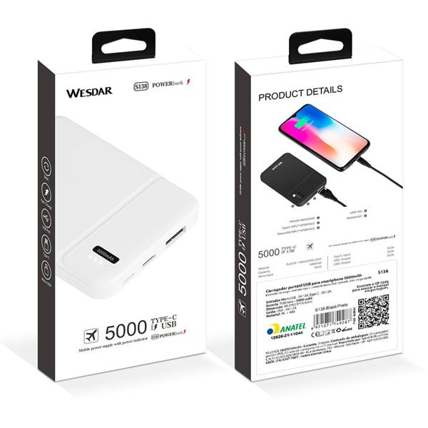 Carregador portátil Power Bank USB 5.000mAh S138 Wesdar - CX 1 UN