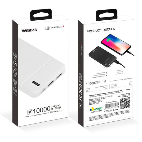 Carregador portátil Power Bank USB 10.000mAh S139 Wesdar - CX 1 UN