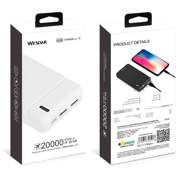 Carregador portátil Power Bank USB 20.000mAh S150 Wesdar - CX 1 UN