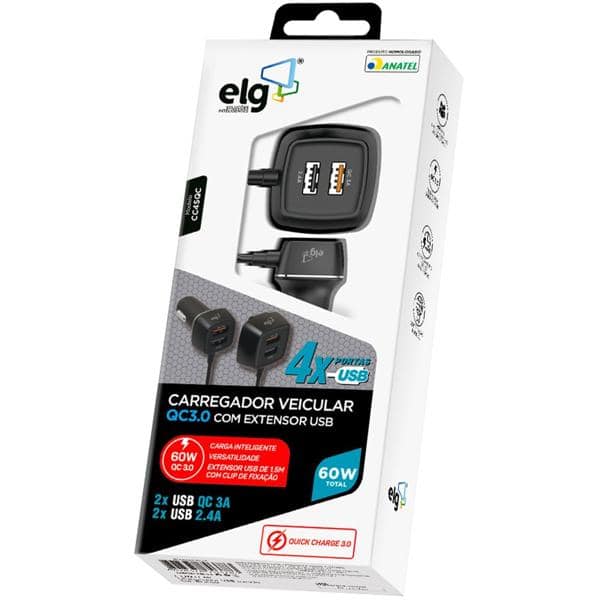 Carregador veicular 60w, 4 USB-A, Preto, CC4SQC, Elg - CX 1 UN