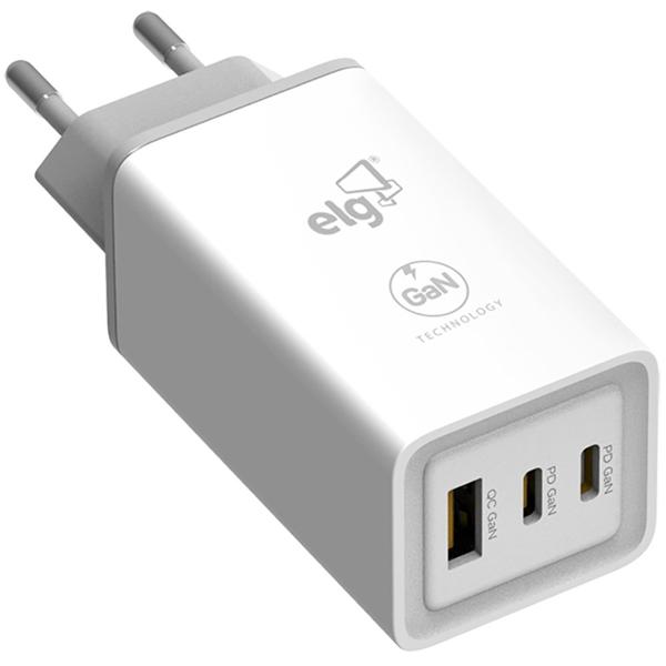 Carregador de tomada 65w,  2 USB-C / 1 USB-A, Branco, W65GAN, Elg - CX 1 UN