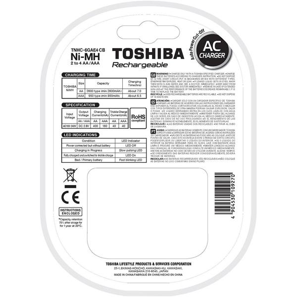 Carregador para pilha recarregável, AA/AAA, com 4 pilhas, 74810, Toshiba - PT 1 UN