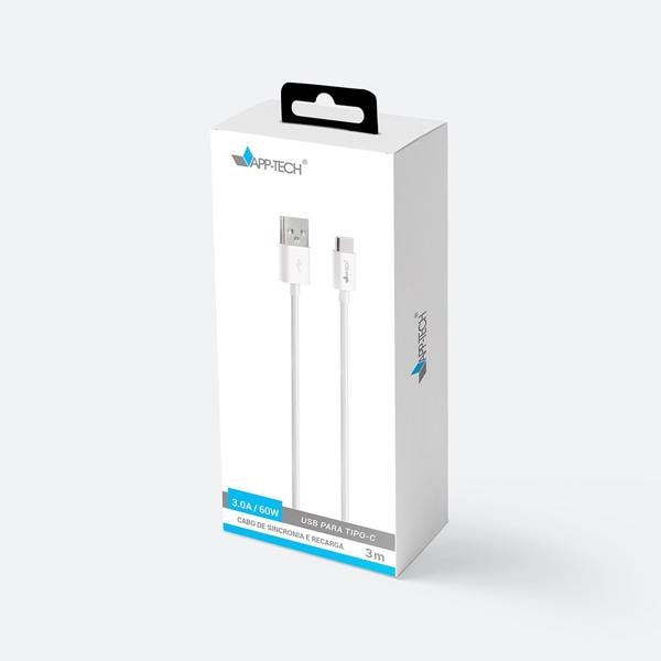 Cabo USB para Tipo-C, 3m, Branco, App-tech - PT 1 UN