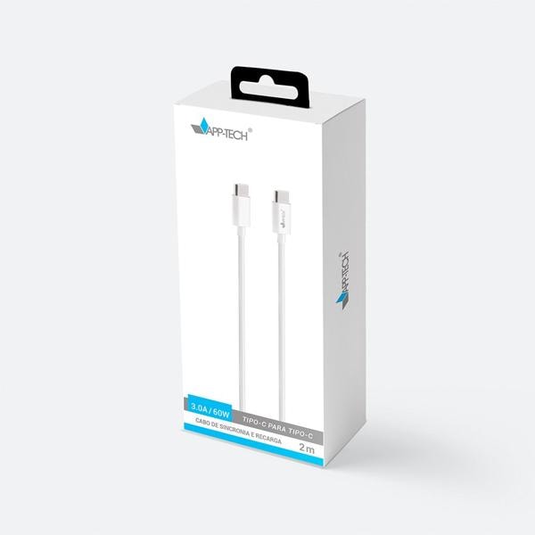 Cabo USB C para Tipo-C, 2m, Branco, App-tech - PT 1 UN