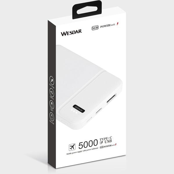 Carregador Portátil Power Bank USB 5.000mAh Branco S138 Wesdar - CX 1 UN