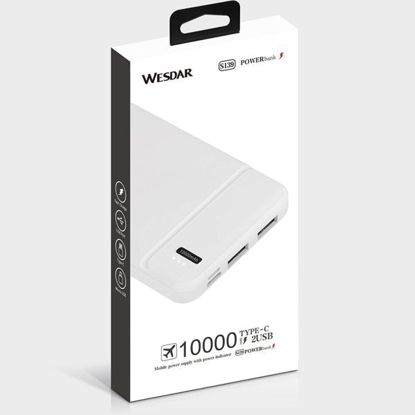 Carregador portátil Power Bank USB 10.000mAh Branco S139 Wesdar - CX 1 UN