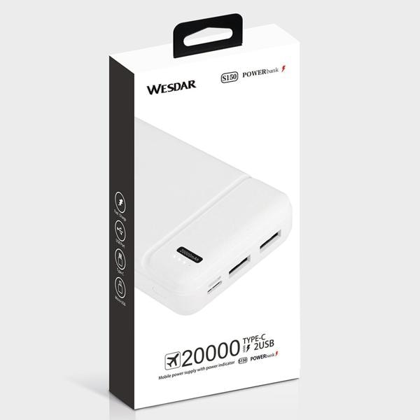 Carregador portátil Power Bank USB 20.000mAh Branco S150 Wesdar - CX 1 UN