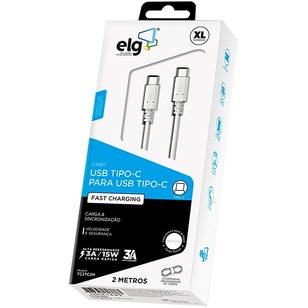 Cabo USB C para Tipo-C, 2 metros, Branco, TC2TC2M, Elg - CX 1 UN