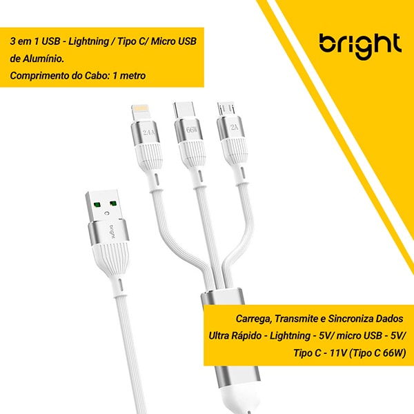 Cabo USB 3 em 1, Lightning / Tipo-c / Micro usb em alumínio, 1 metro, CB005, Bright - CX 1 UN