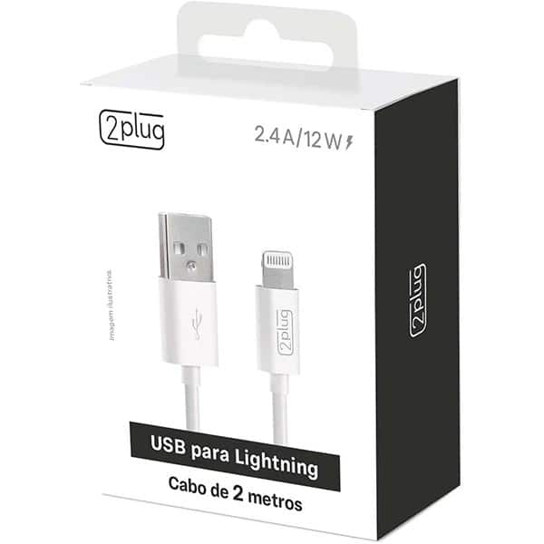 Cabo USB-A para Lightning, 2m, Branco, 2Plug - CX 1 UN