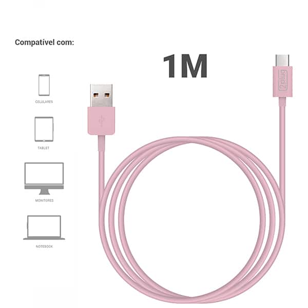 Cabo USB A para Tipo-C, 1m, Rosa, 2Plug - CX 1 UN